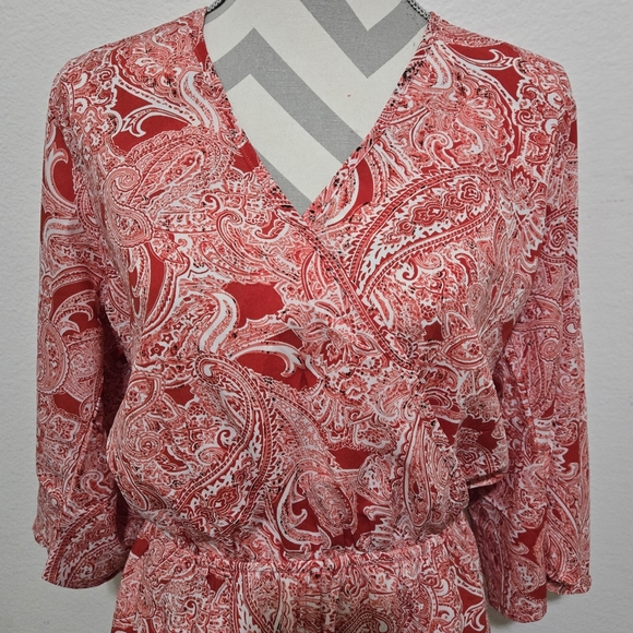 Elan Red Paisley Boho Romper Surplice V-Neck Long Sleeve Elastic Waist Medium - Picture 4 of 16